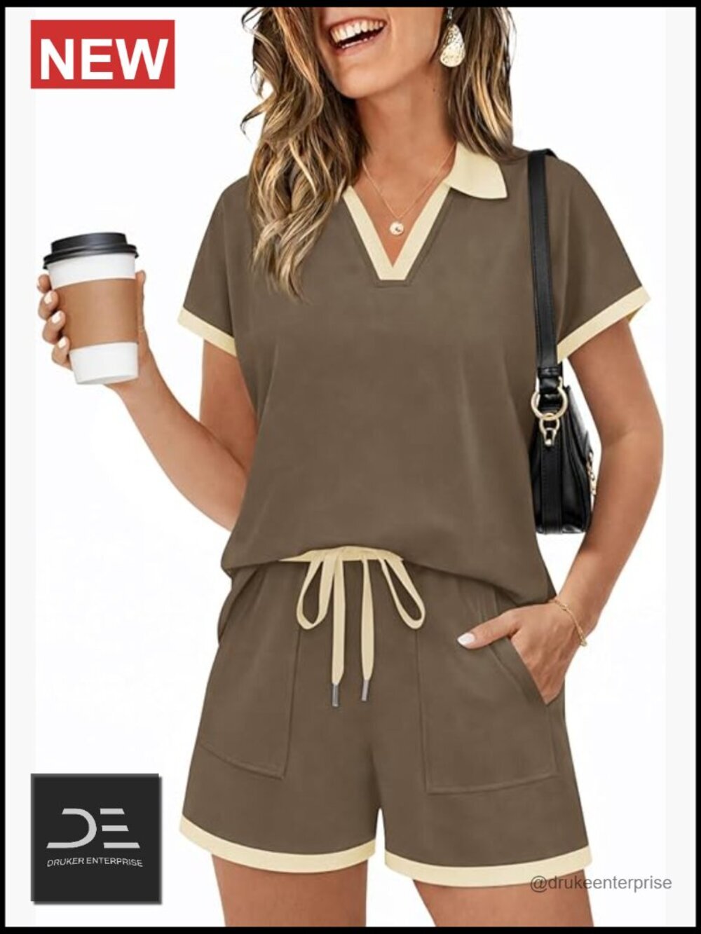 Two Piece Lounge Set - Polo Top & Drawstring Shorts - Summer Matching Outfit